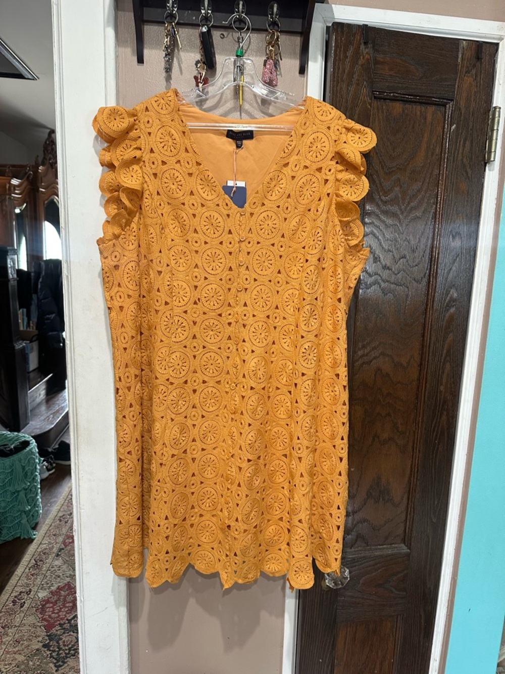 Skies Are Blue Mustard Lace Mini Dress with Ruffle Shoulders